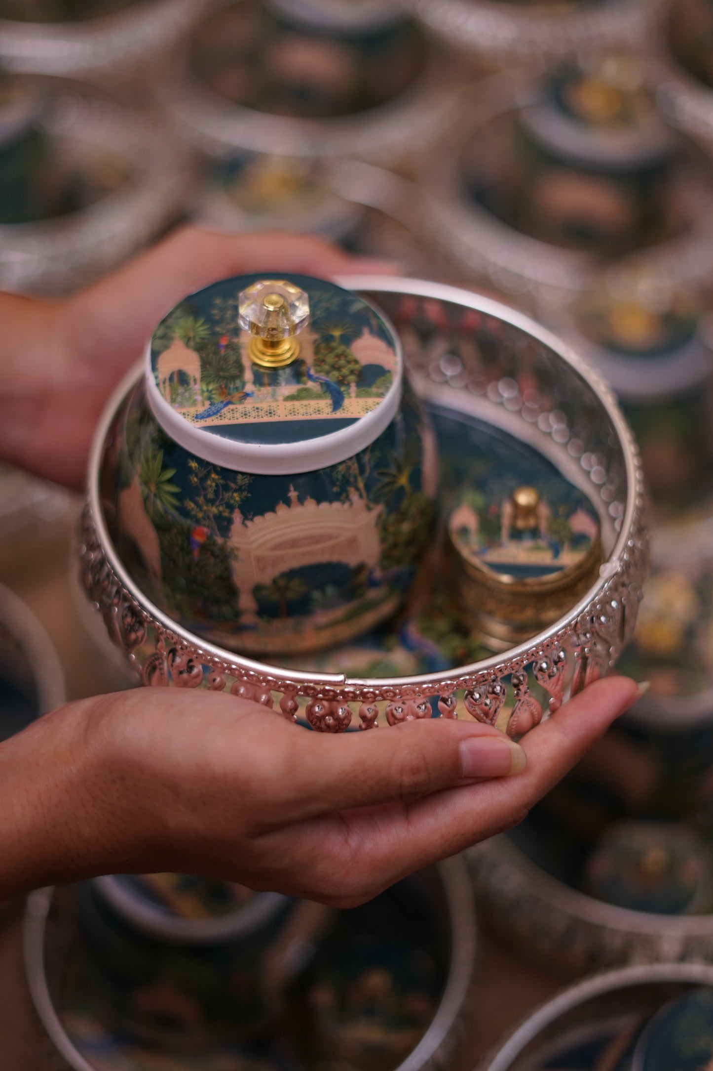 Peacock silver finish tray with matching jars and kumkum holder