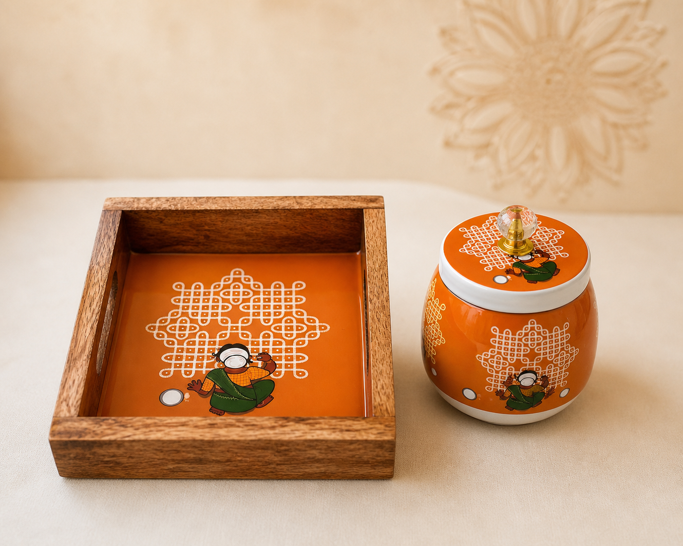 Kolam Wooden Tray with Matching Jar