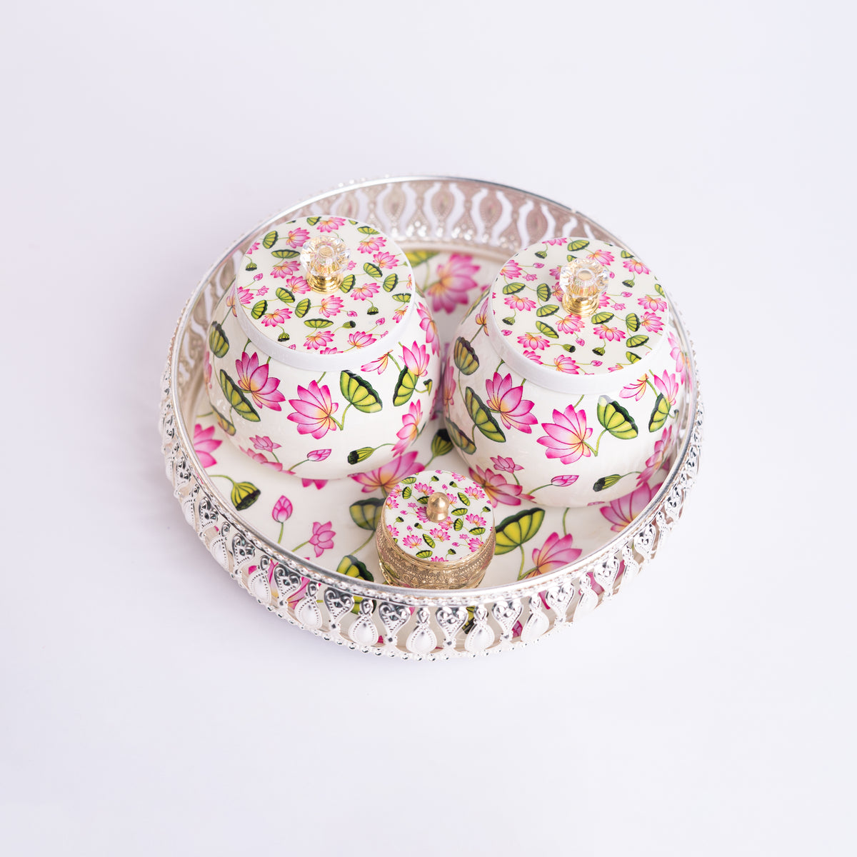 8 inches silver finish tray with 2 conical jar with kumkum Holder