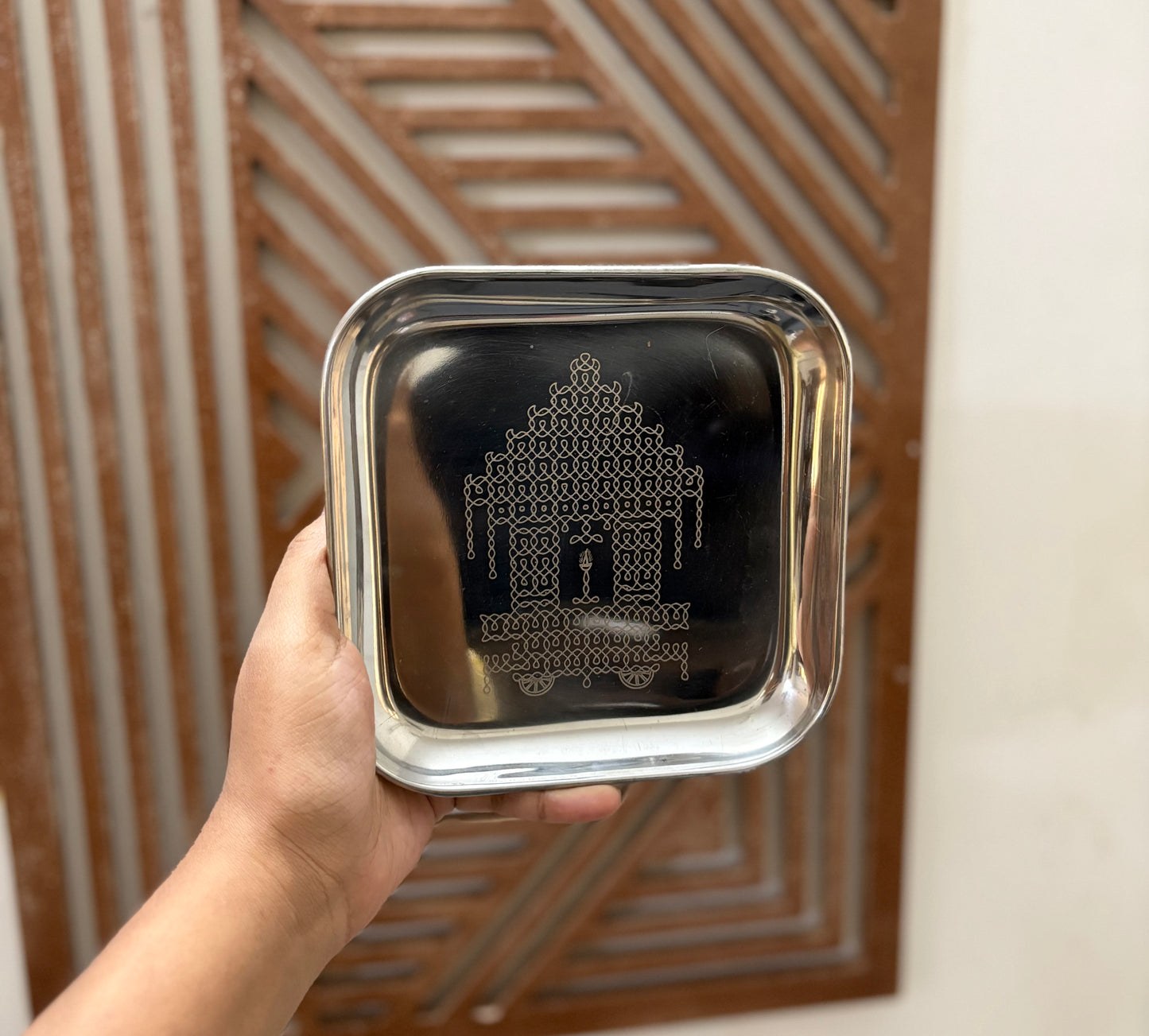 Kolam Square Stainless Steel Plate (Assorted designs)