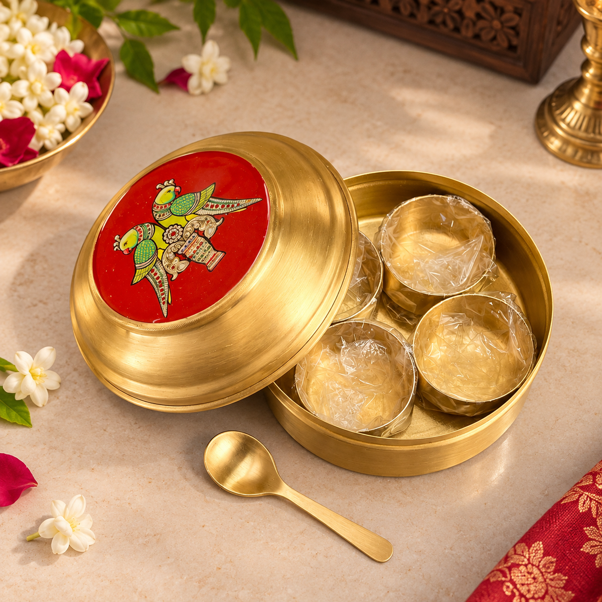 Tanjore Parrot Brass Spice Box (4 inches)