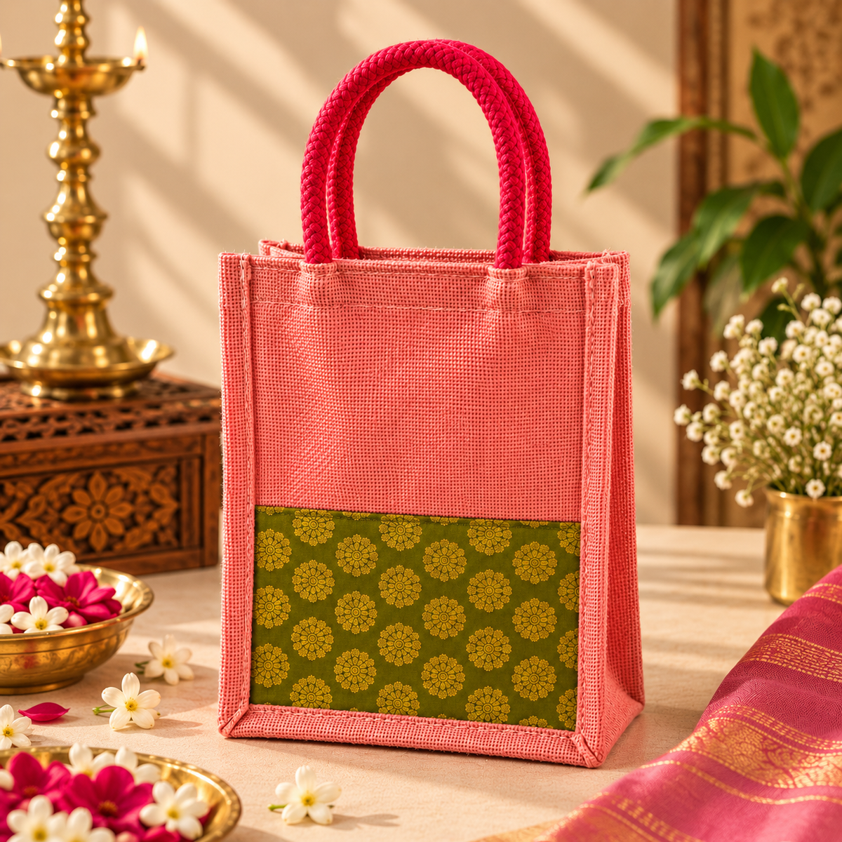 Pink Green Brocade Jute Bag