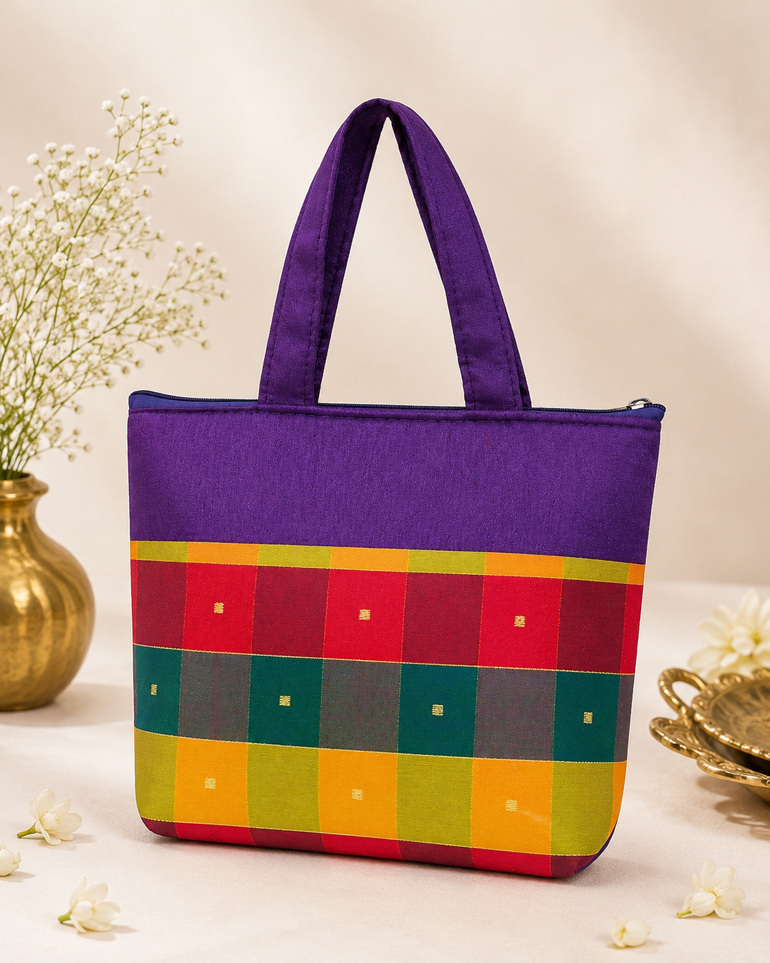 Madras Checks Raw Silk Bag