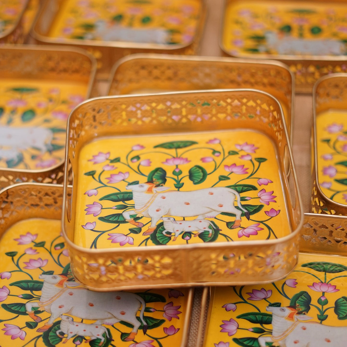 Golden Color Pichwai Tray 8 inches - Square (assorted)