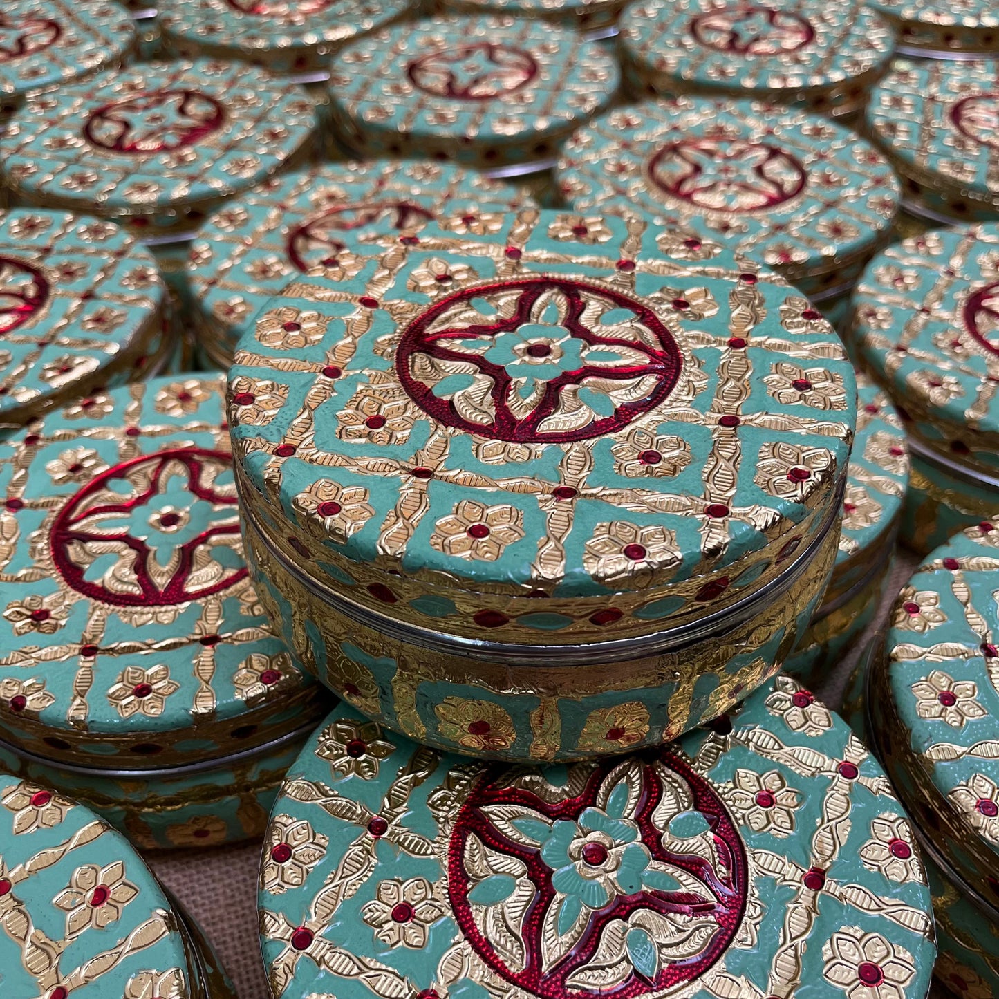 Pista Green Meenakari Steel Box - 5 inch