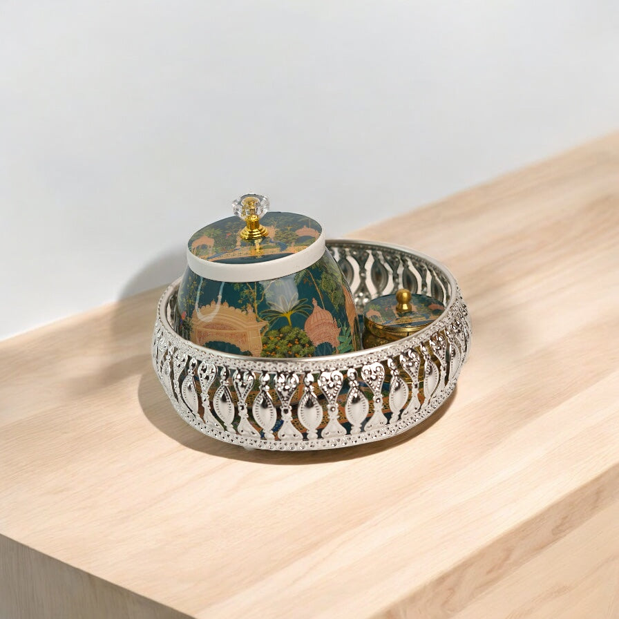 Peacock silver finish tray with matching jars and kumkum holder