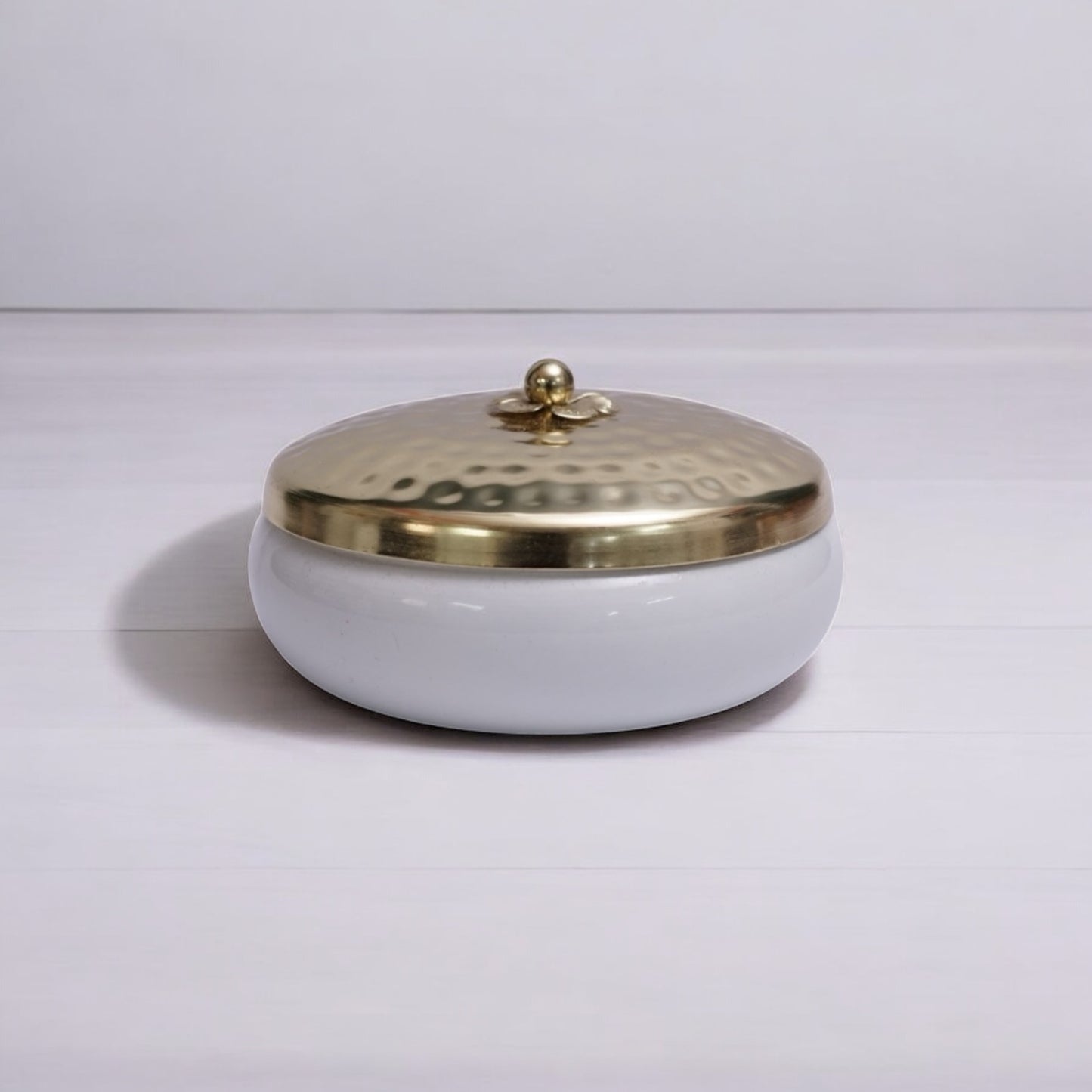5 inch White coated metal bowl with gold plated lid