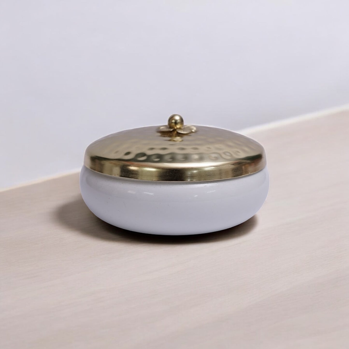 5 inch White coated metal bowl with gold plated lid