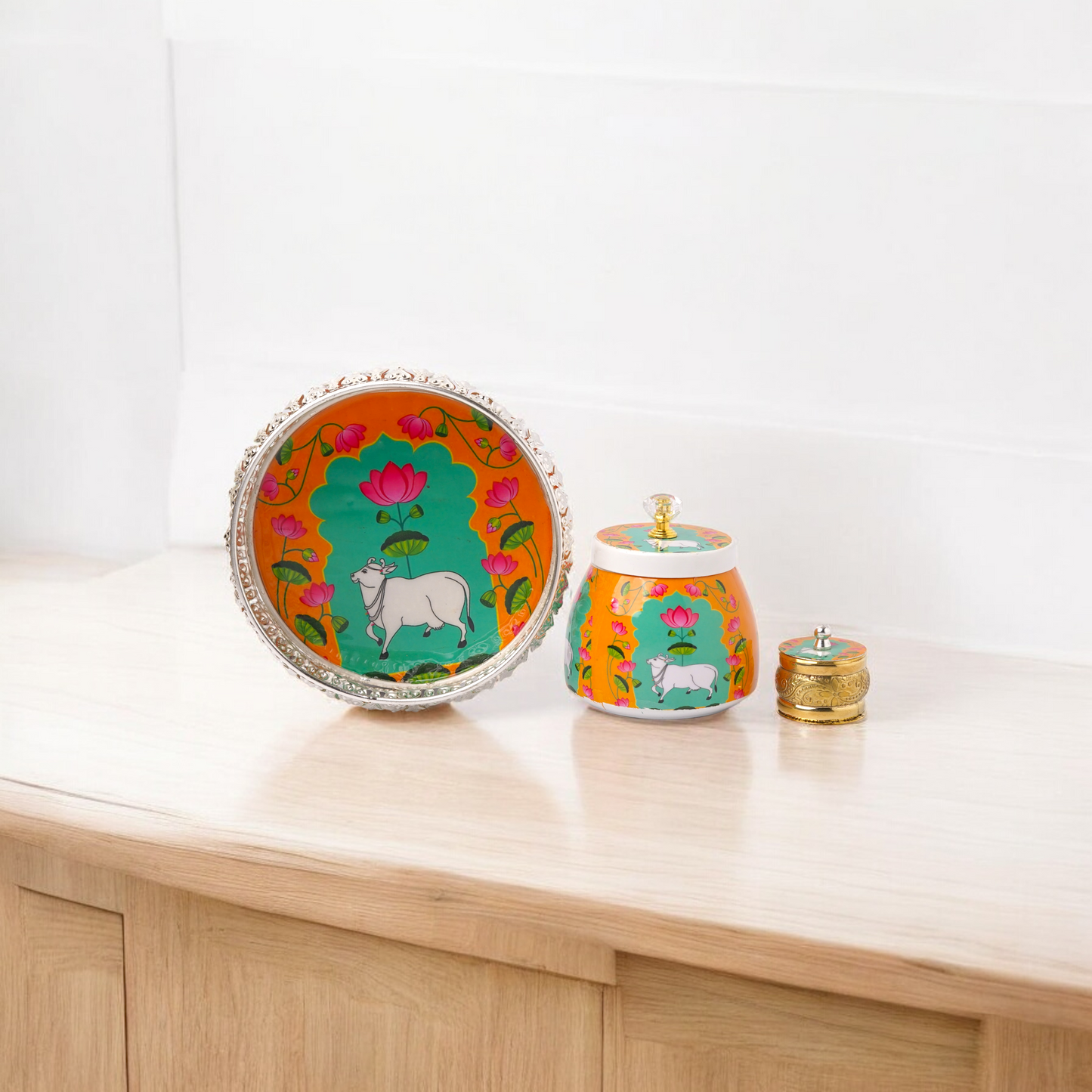 Pichwai silver finish tray (6 inch) with matching jar and kumkum holder