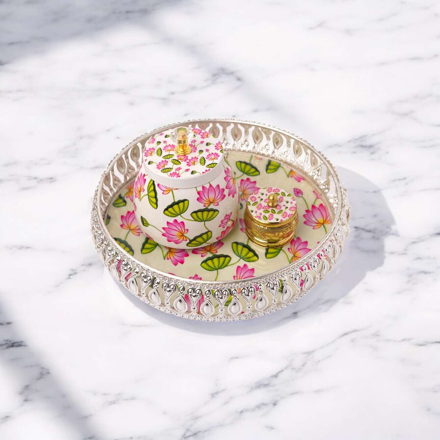 Floral Silver Color tray (8 inch) with matching jar and kumkum holder