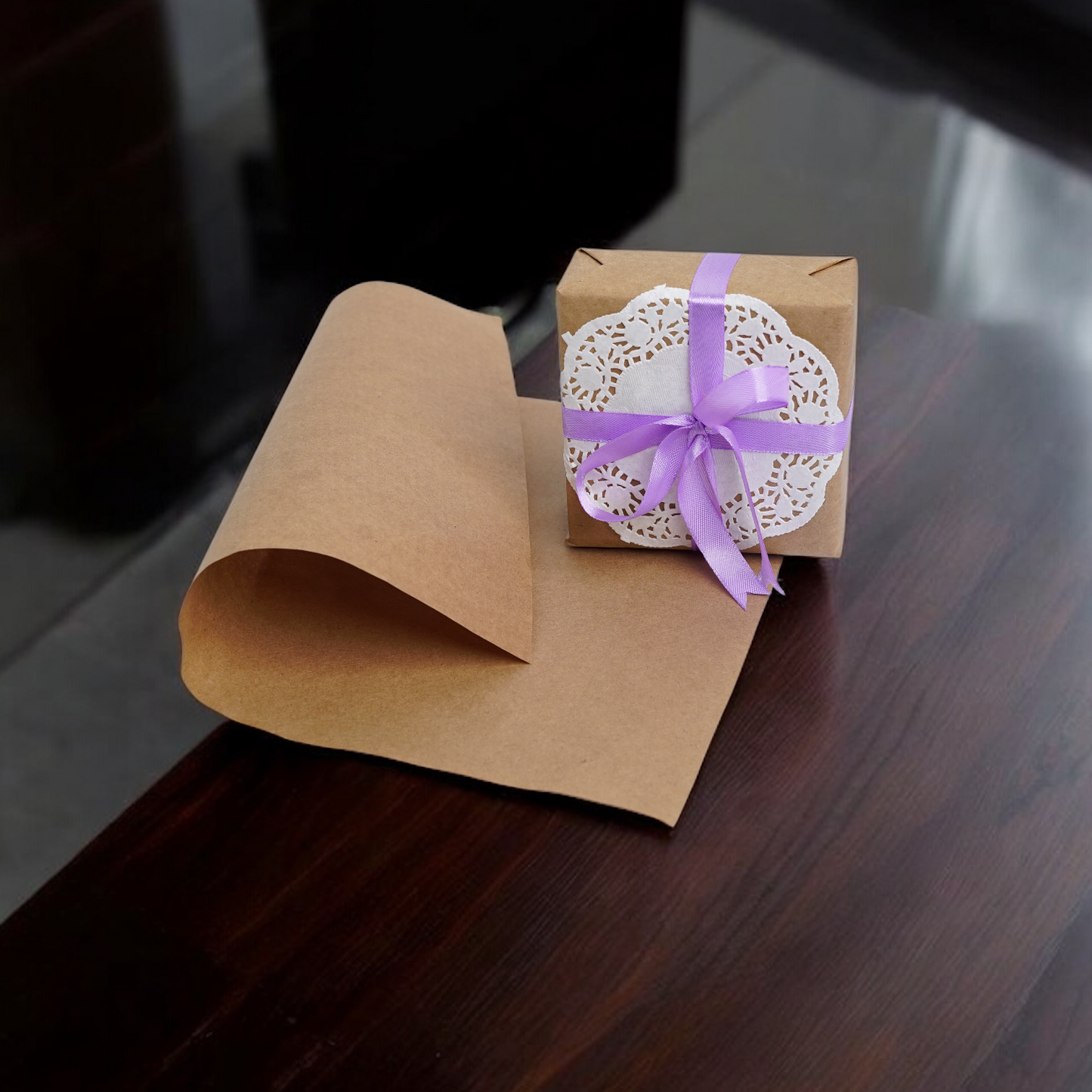 Brown gift wrap with doilee and ribbon (big)