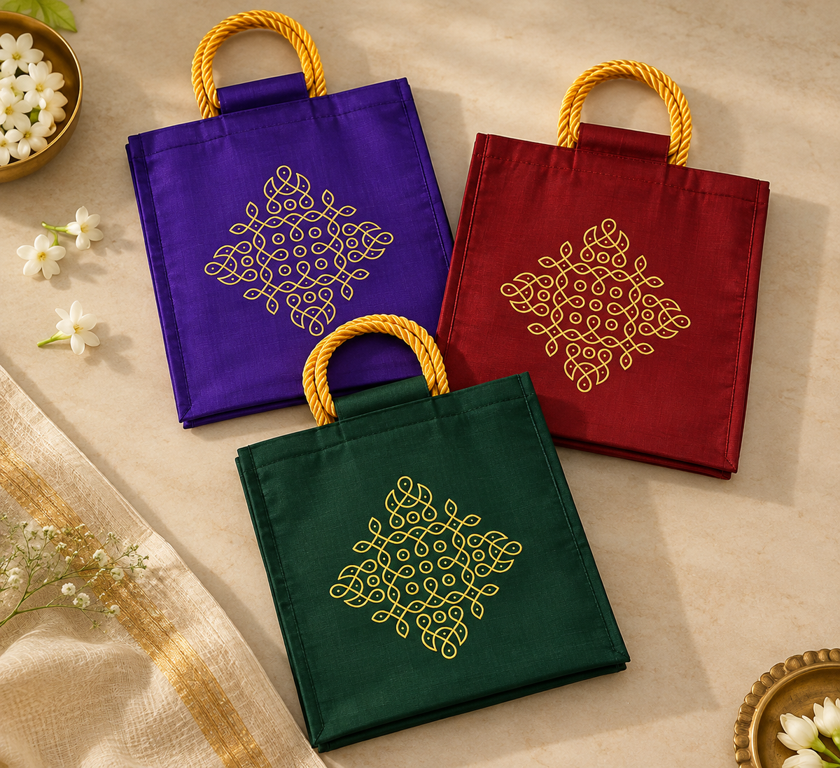 Polyester Raw Silk Kolam Bag (Assorted)