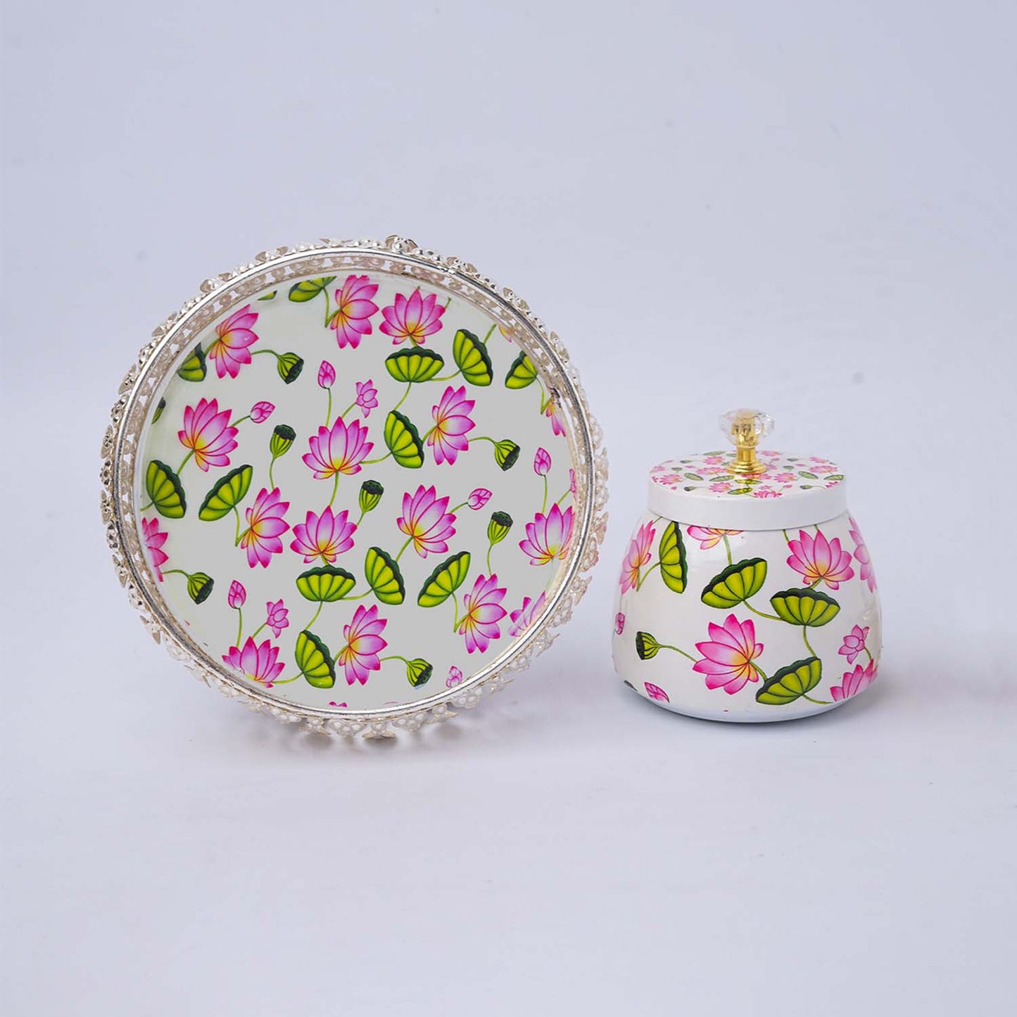 Silver Color Floral tray (6 inch) with one matching jar