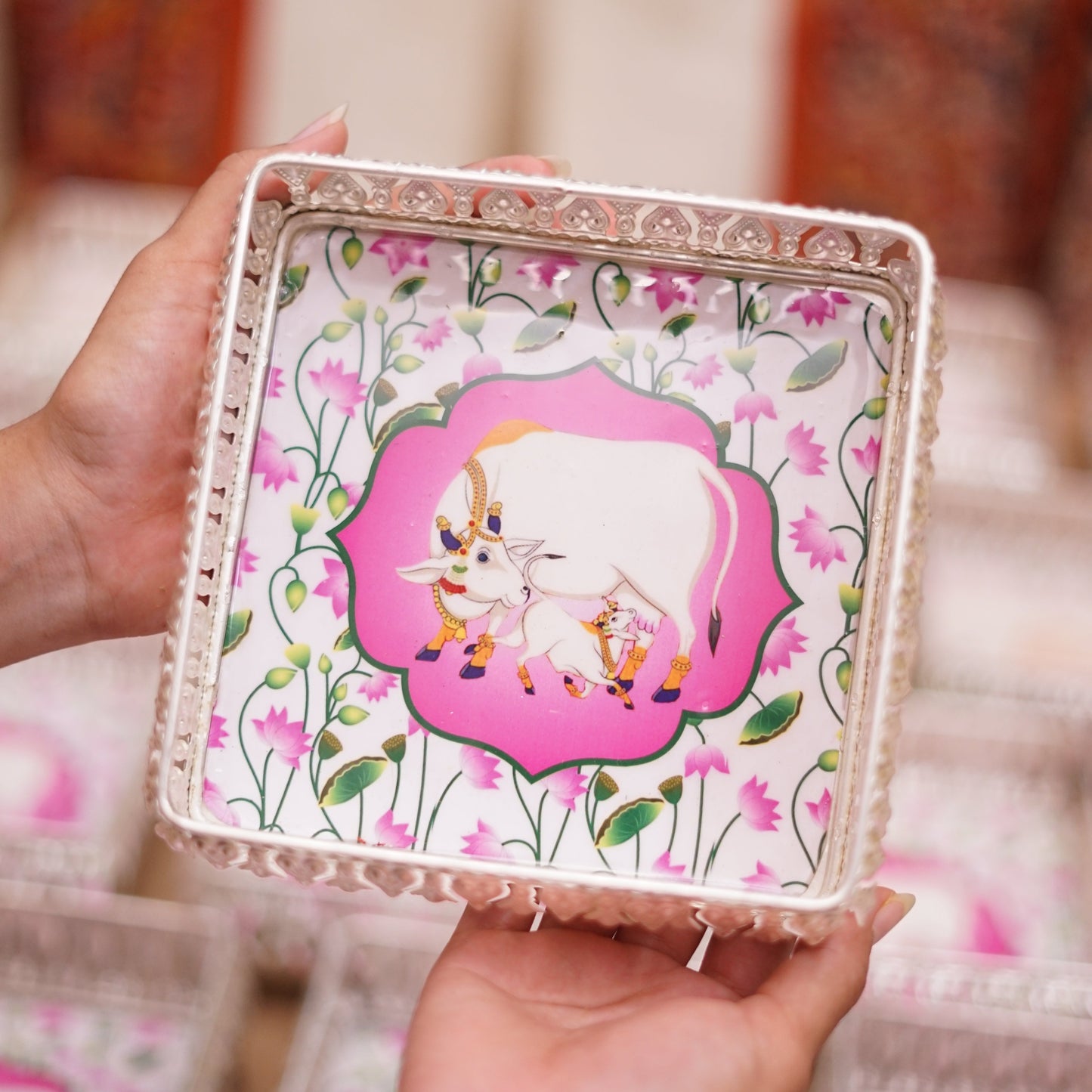 Silver Color Pichwai Tray 6 inches - Square (assorted)