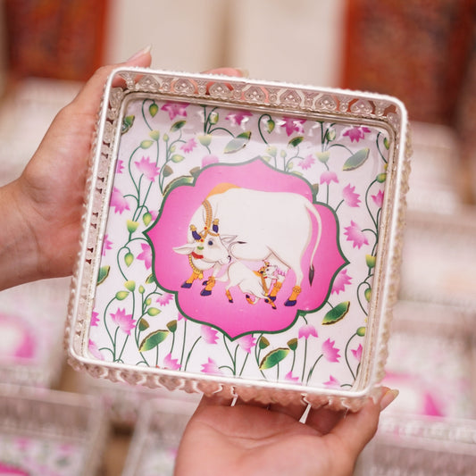 Silver Color Pichwai Tray 6 inches - Square (assorted)