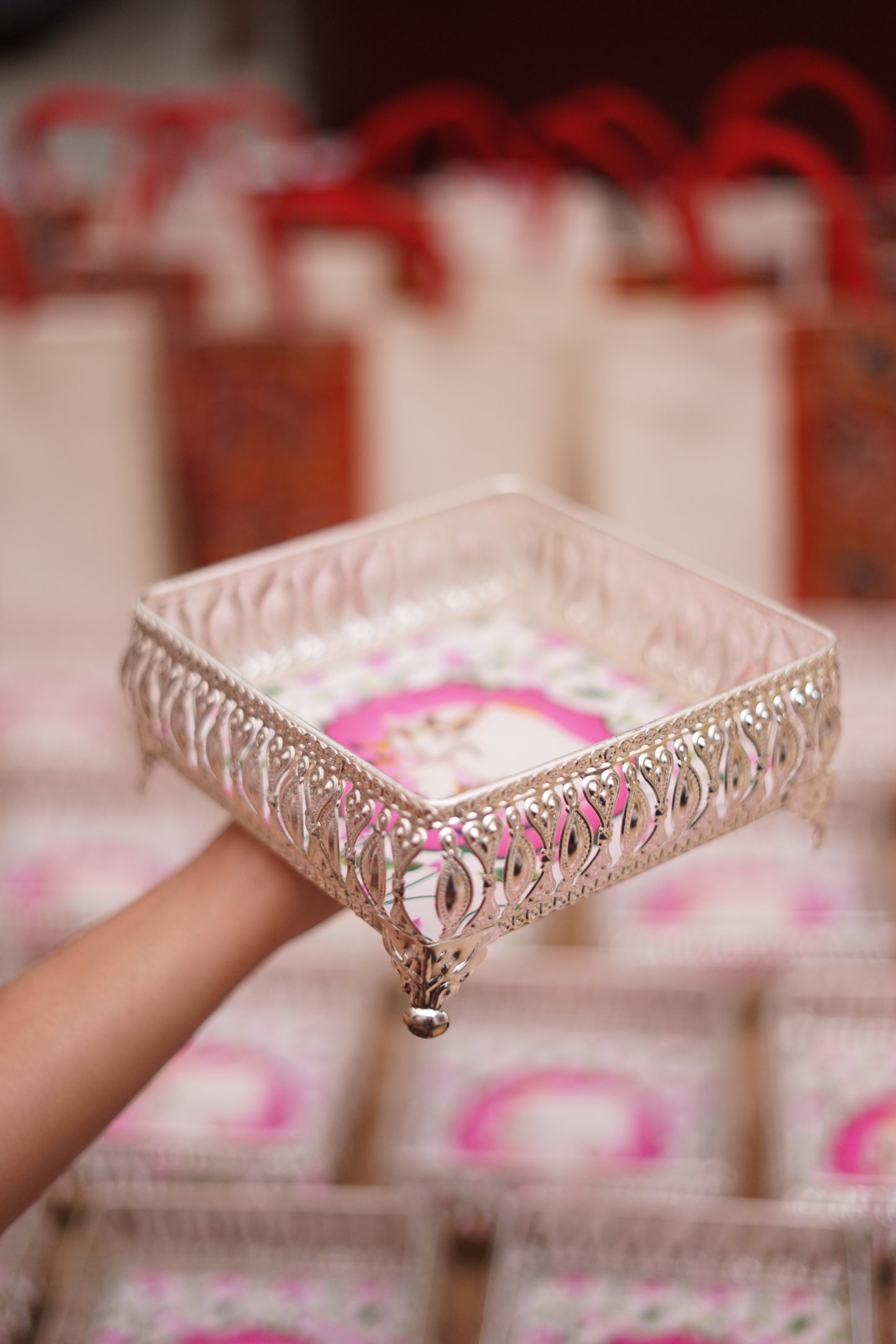 Silver Color Pichwai Tray 6 inches - Square (assorted)