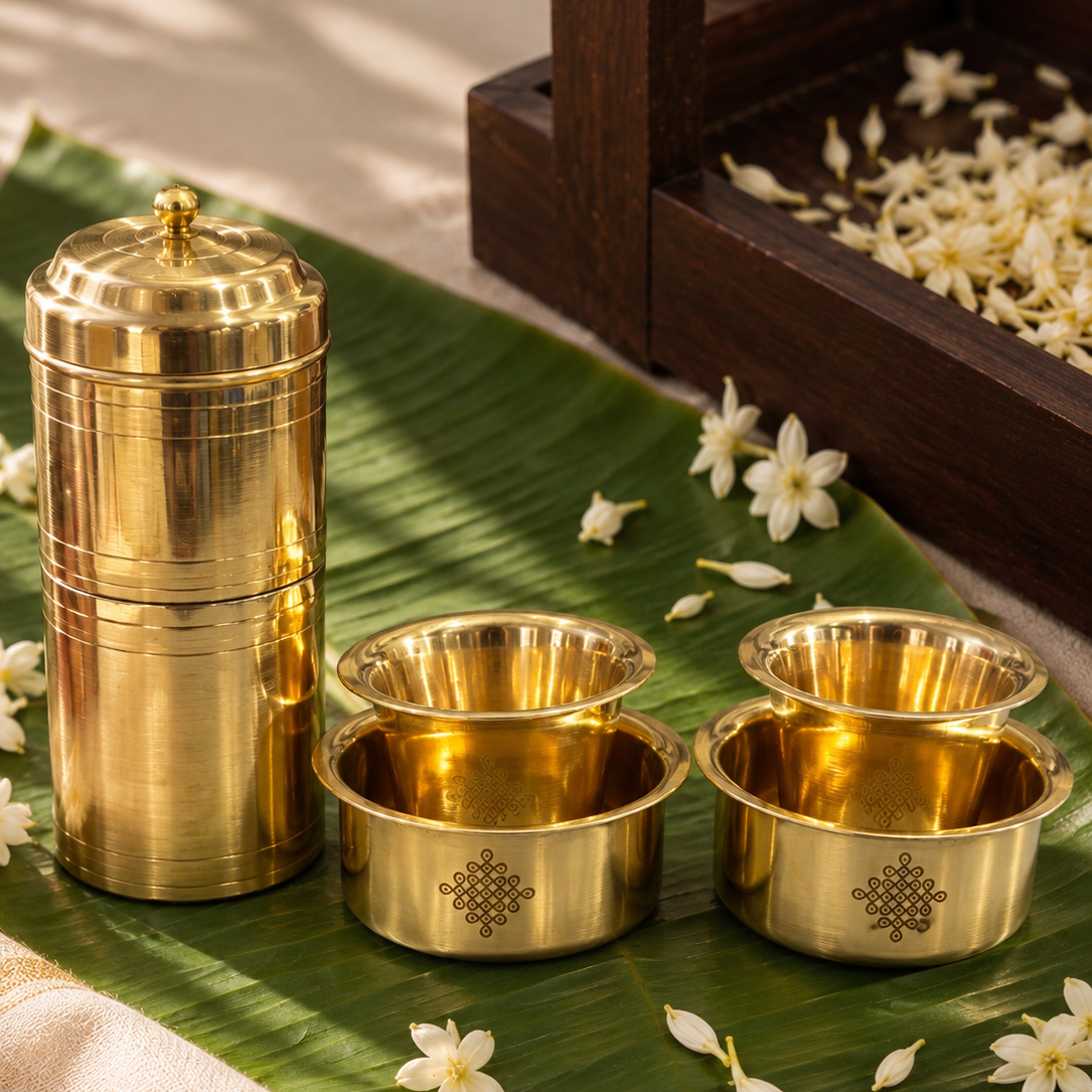 Brass Kolam Coffee Dabara & Filter Combo (Glossy)