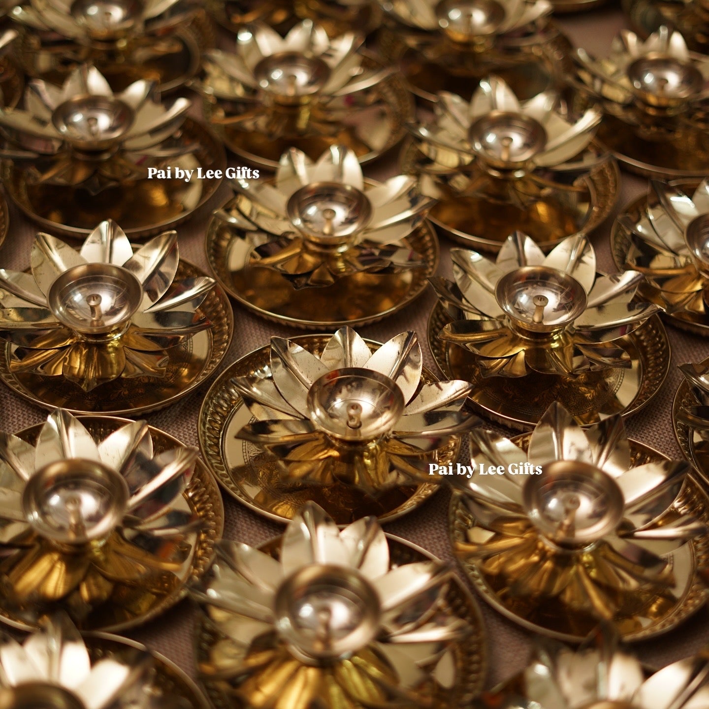 Gold lotus diya with plate