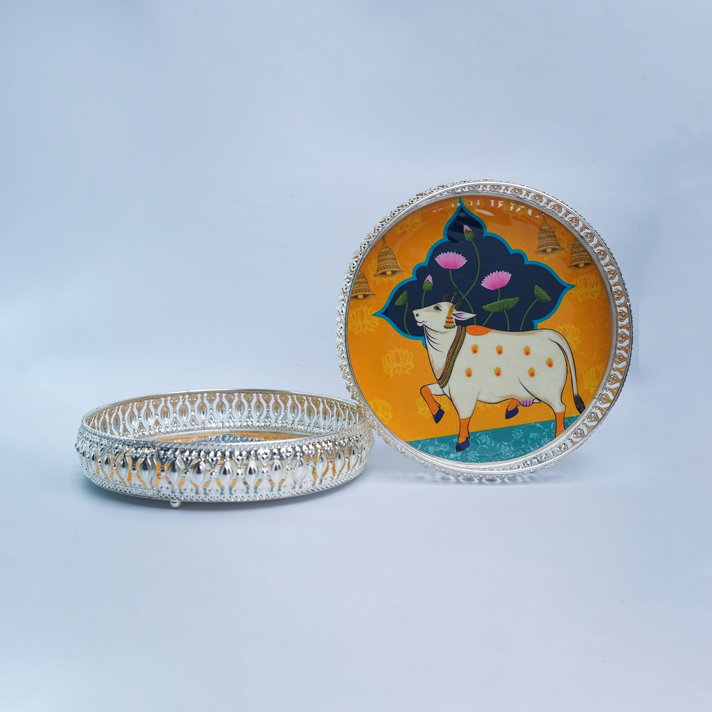 Pichwai silver finish tray - 8 inch (Assorted)