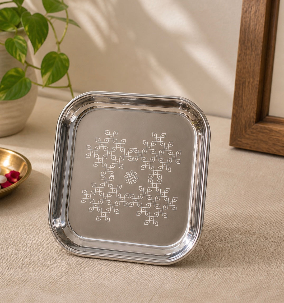 Kolam Square Stainless Steel Plate (Assorted designs)