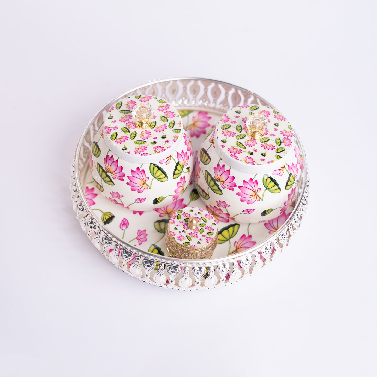 8 inches silver finish tray with 2 conical jar with kumkum Holder