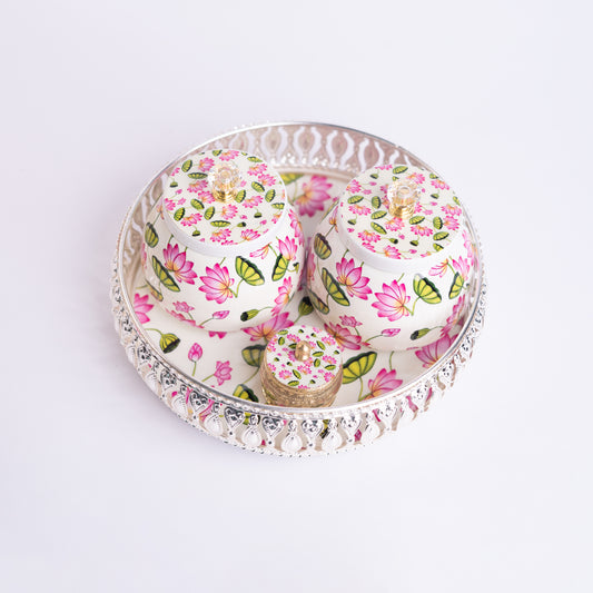 8 inches silver finish tray with 2 conical jar with kumkum Holder