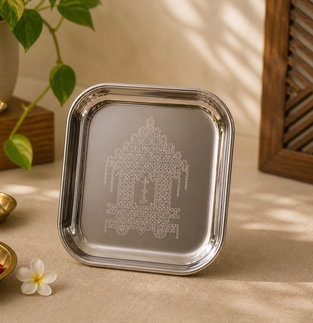 Kolam Square Stainless Steel Plate (Assorted designs)