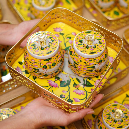 Golden Color Pichwai Tray 8 inch - Square with two matching jars and kumkum holder (Assorted)