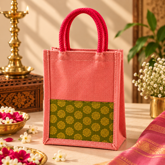 Pink Green Brocade Jute Bag
