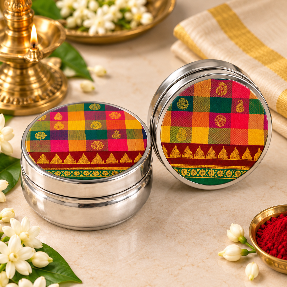 Madras Checks Stainless Steel Box 4 inches