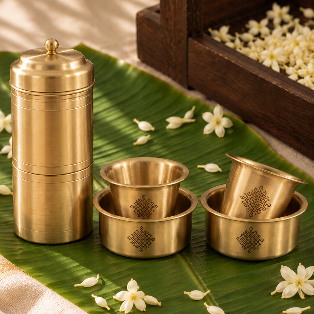 Brass Kolam Coffee Dabara & Filter Combo (Matte)
