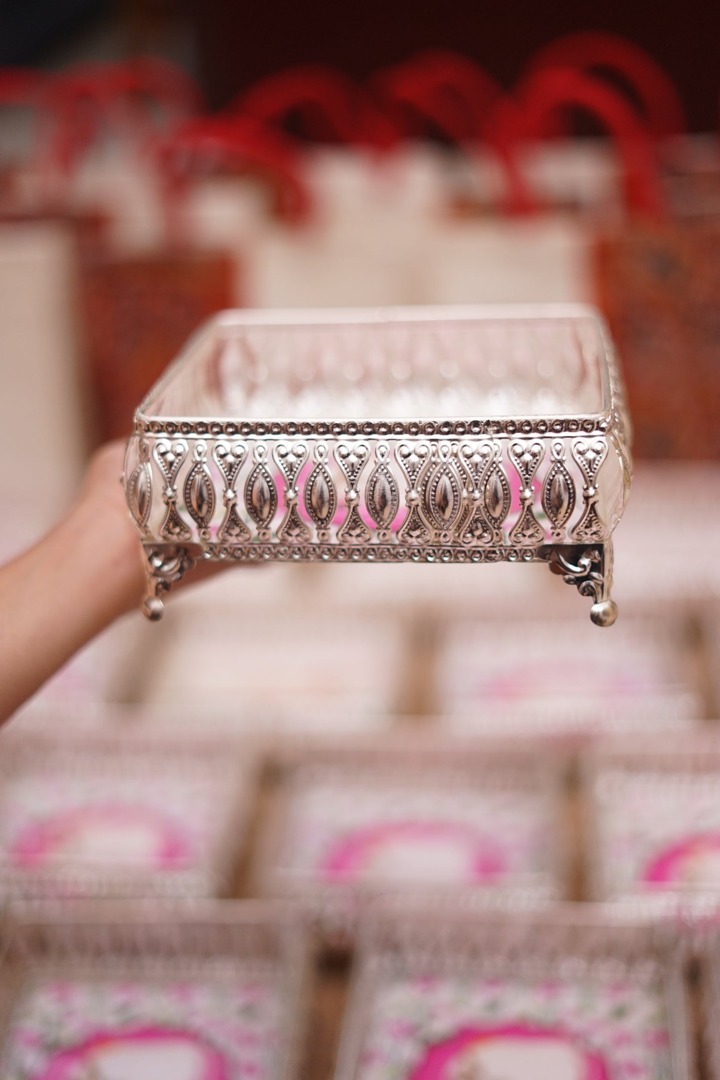 Silver Color Pichwai Tray 6 inches - Square (assorted)