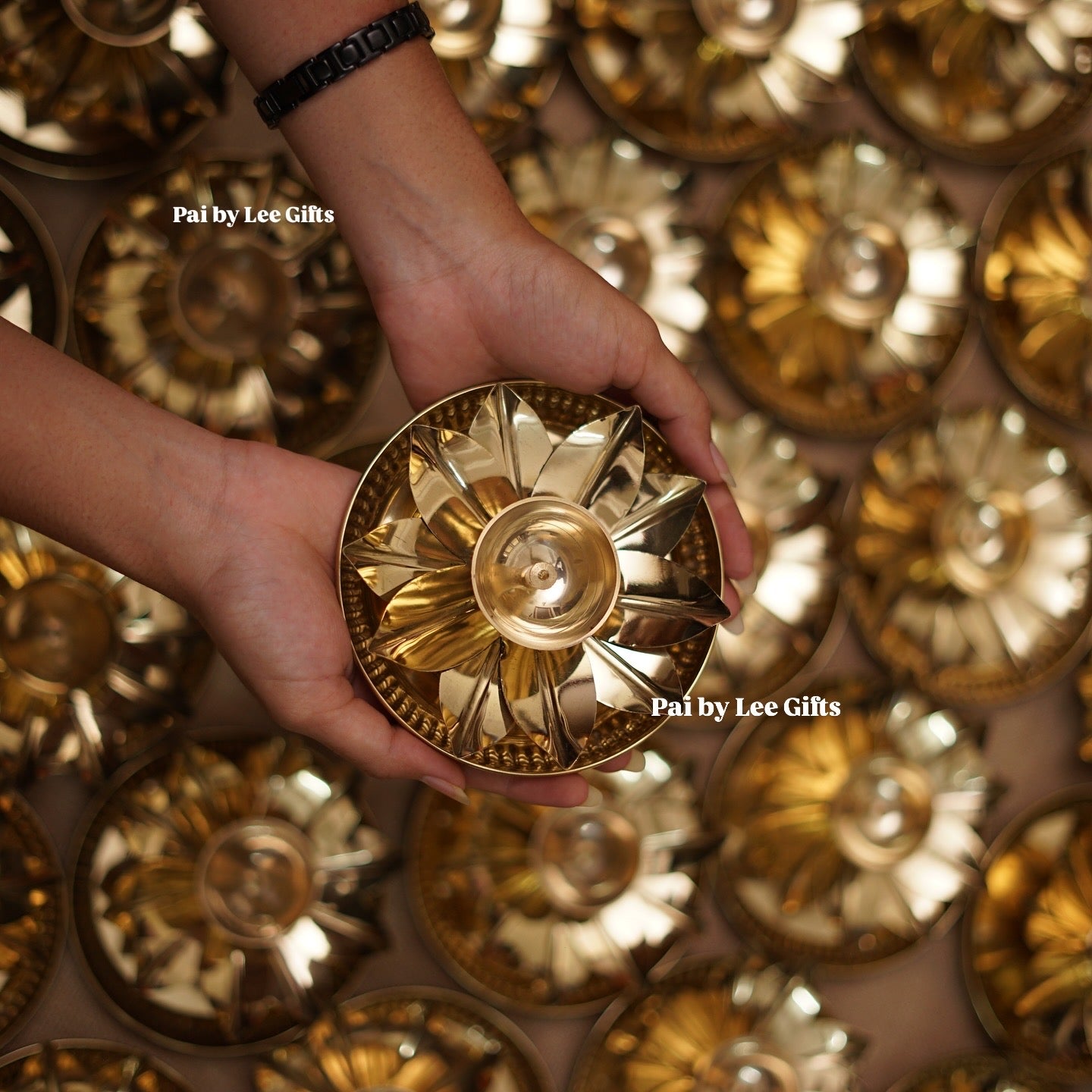 Gold lotus diya with plate