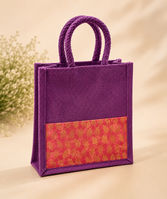 Purple Pink Brocade Jute Bag