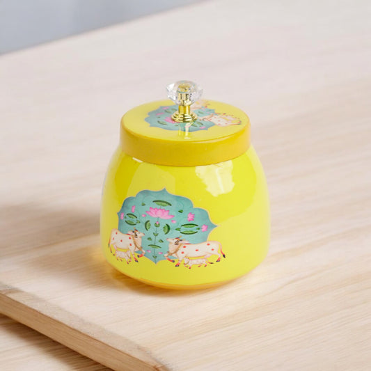 Conical metal jar - yellow with cow design 4 inch