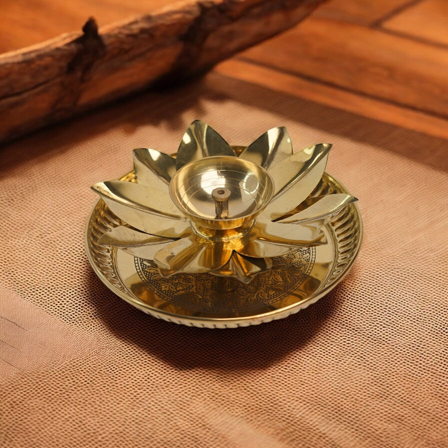 Gold lotus diya with plate