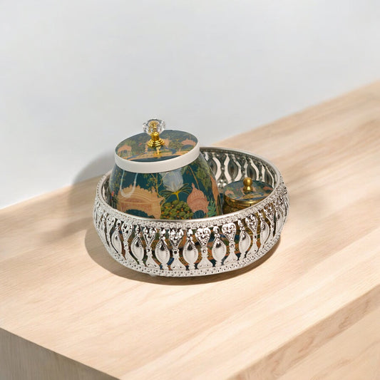 Peacock silver finish tray with matching jars and kumkum holder