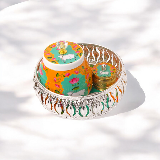 Pichwai silver finish tray (6 inch) with matching jar and kumkum holder