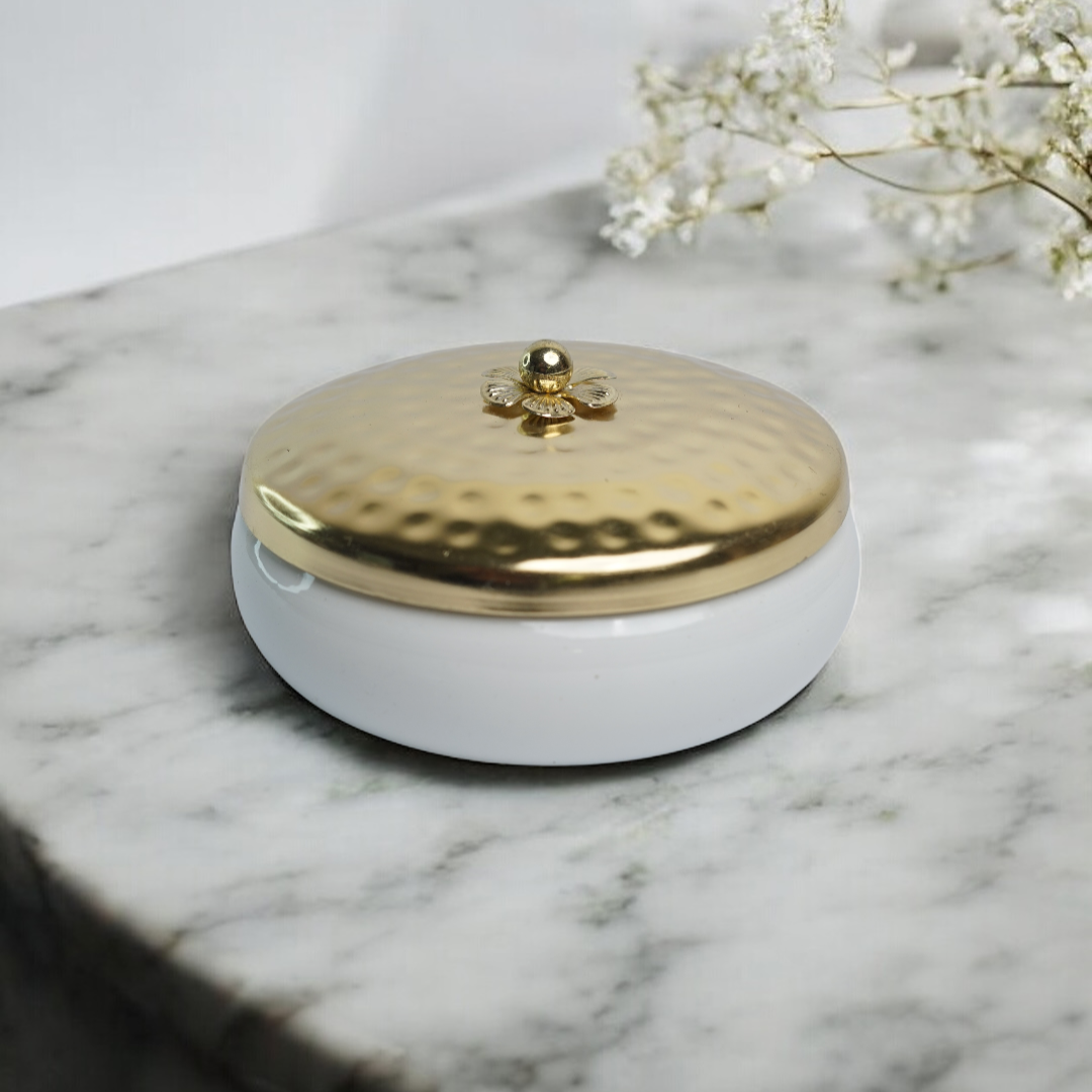 White colored metal bowl with gold colored lid - 5 inch