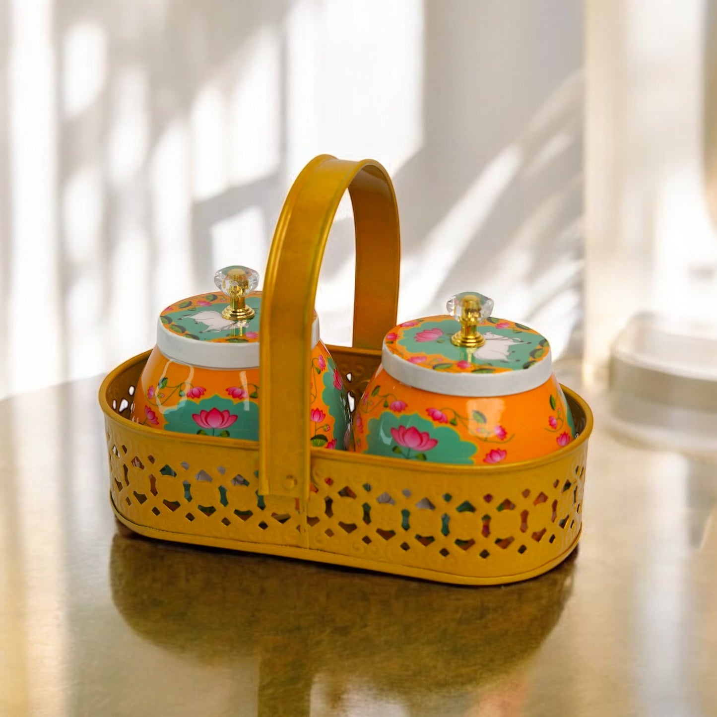 Gold Color oval metal basket with two matching jars (Assorted)