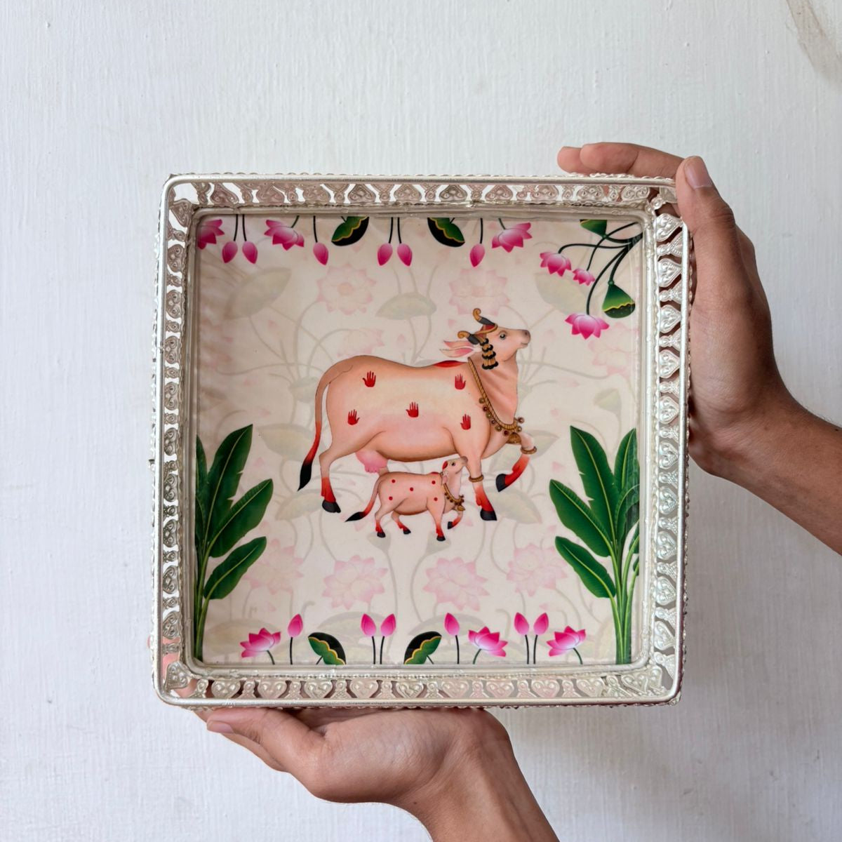 Silver Color Pichwai Tray 8 inches - Square (assorted)