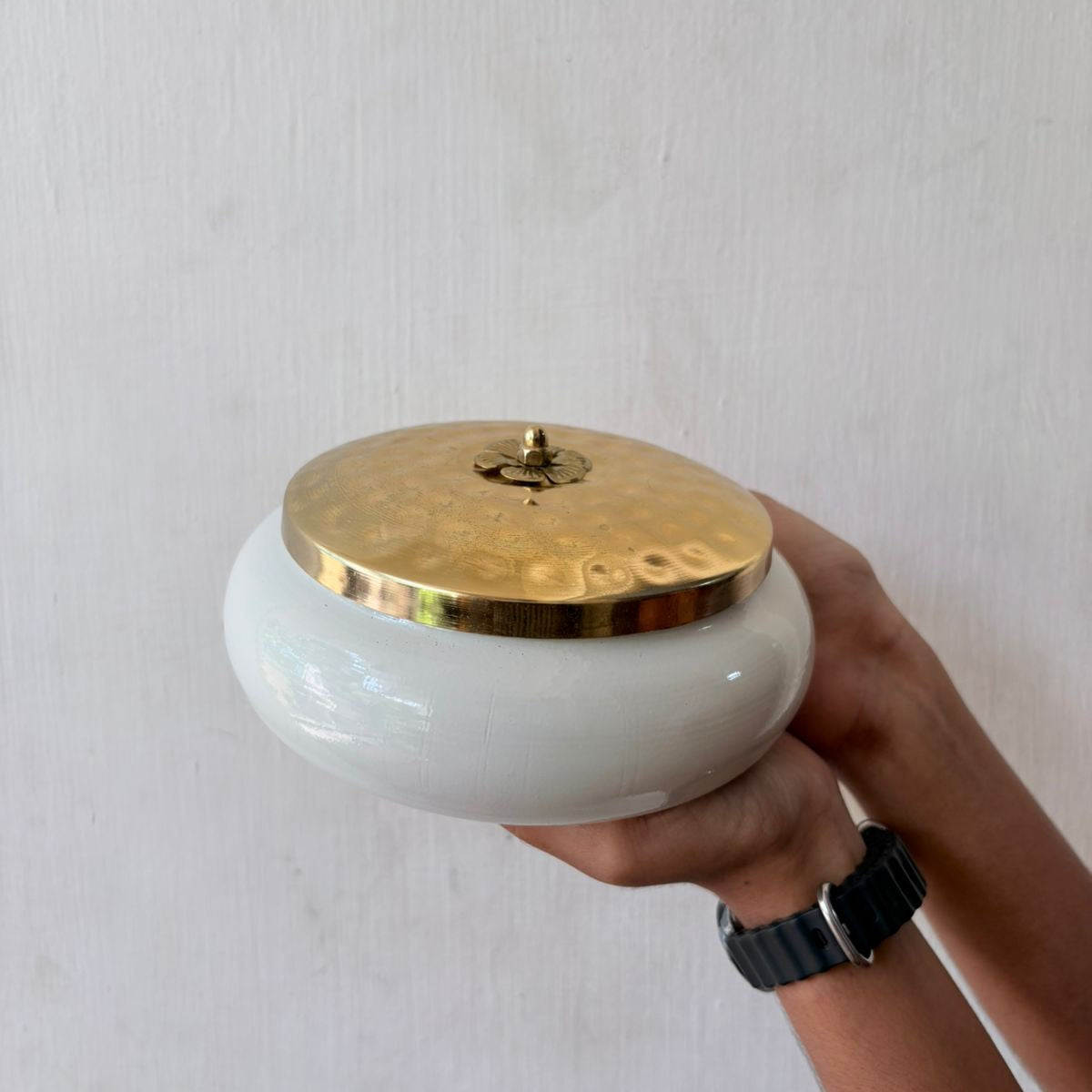 White colored metal bowl with gold colored lid - 6 inch