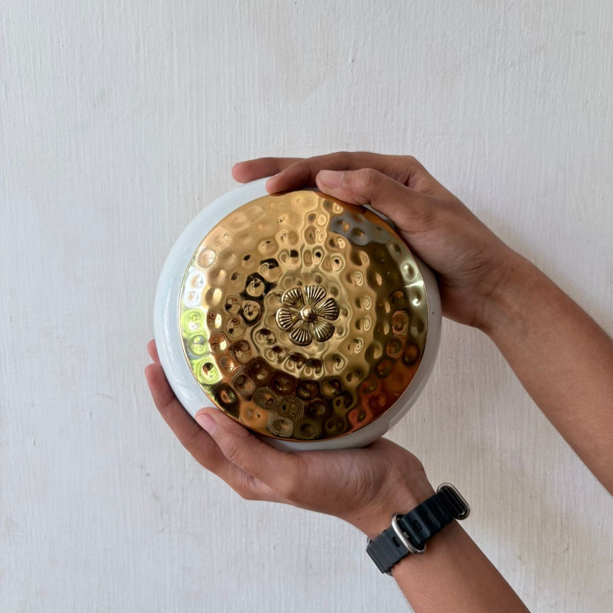White colored metal bowl with gold colored lid - 6 inch