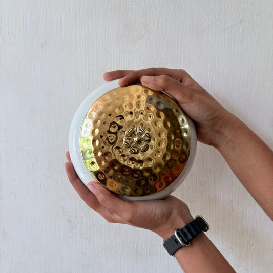White colored metal bowl with gold colored lid - 6 inch