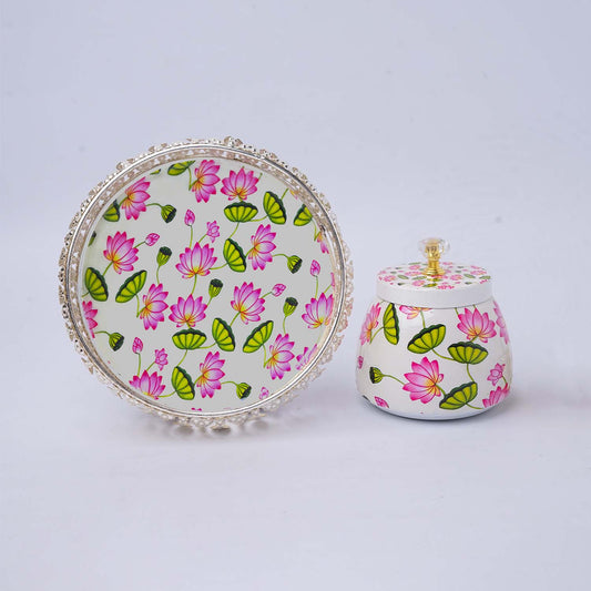 Silver Color Floral tray (6 inch) with one matching jar