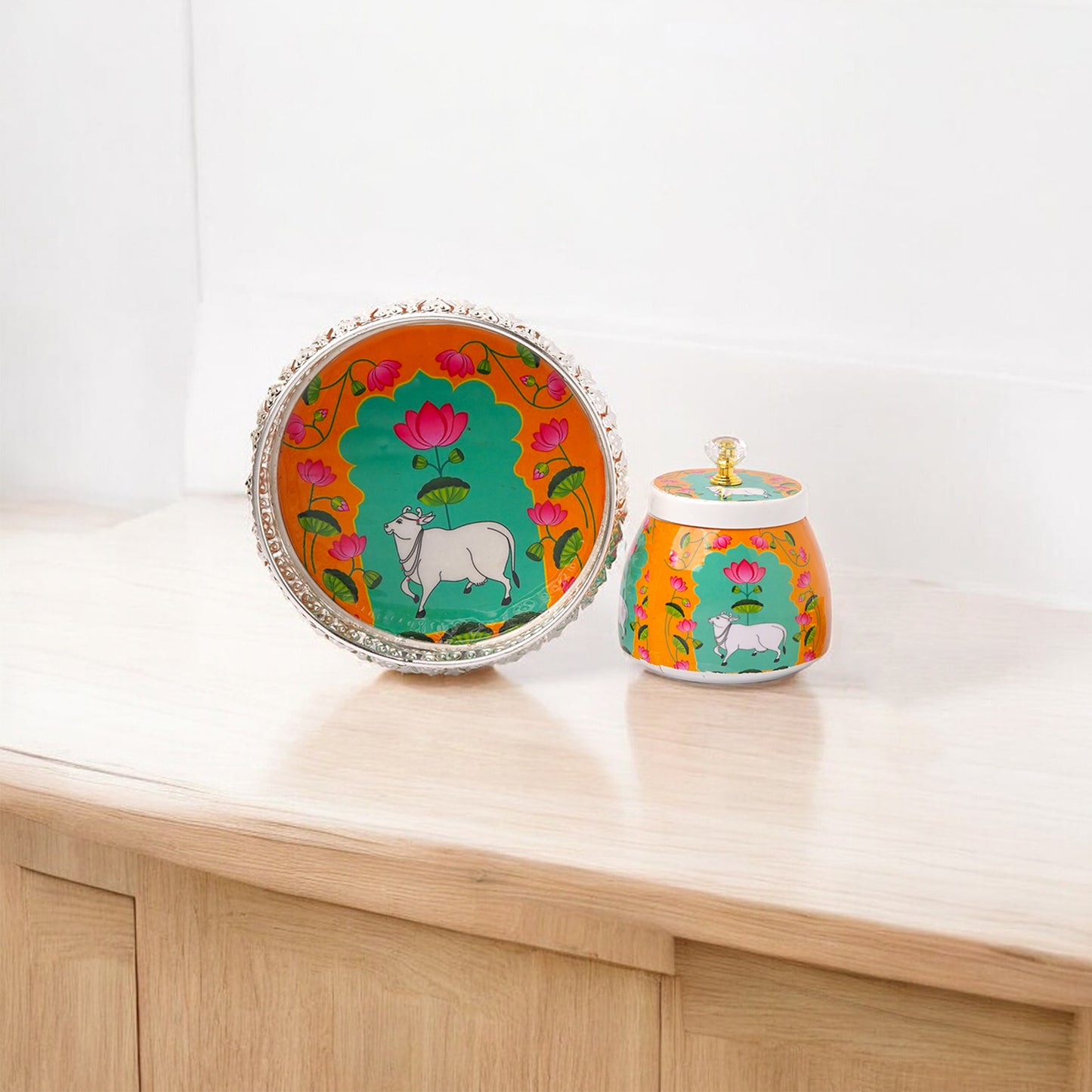 Silver Color Pichwai tray (6 inch) with matching jar