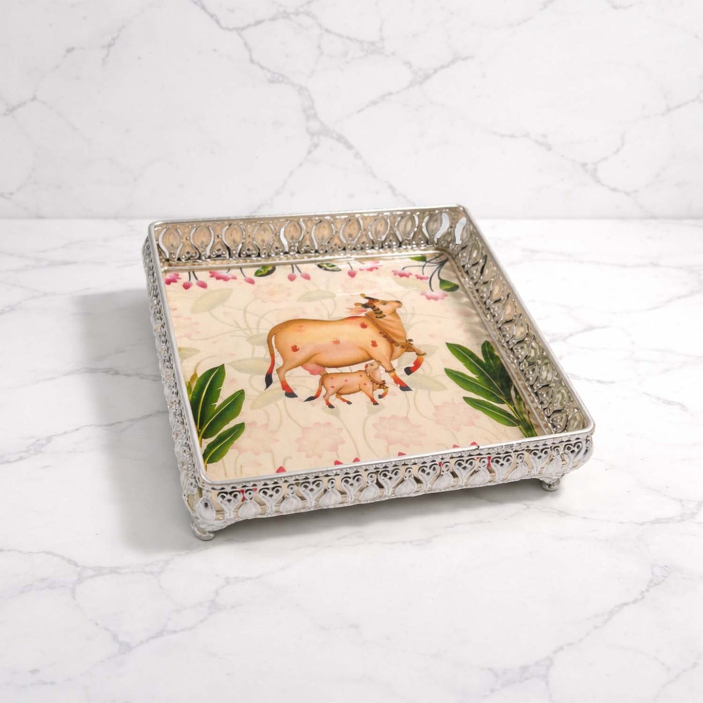 Silver Color Pichwai Tray 8 inches - Square (assorted)